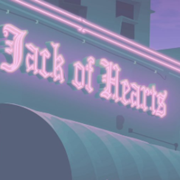 The Jack Of Hearts neon sign glowing above a striped awning in Vice City